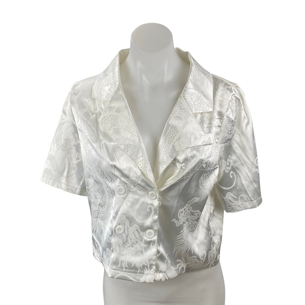 Coquette Women's White Jacquard Silk Satin Short Sleeve Button Down Crop Top S